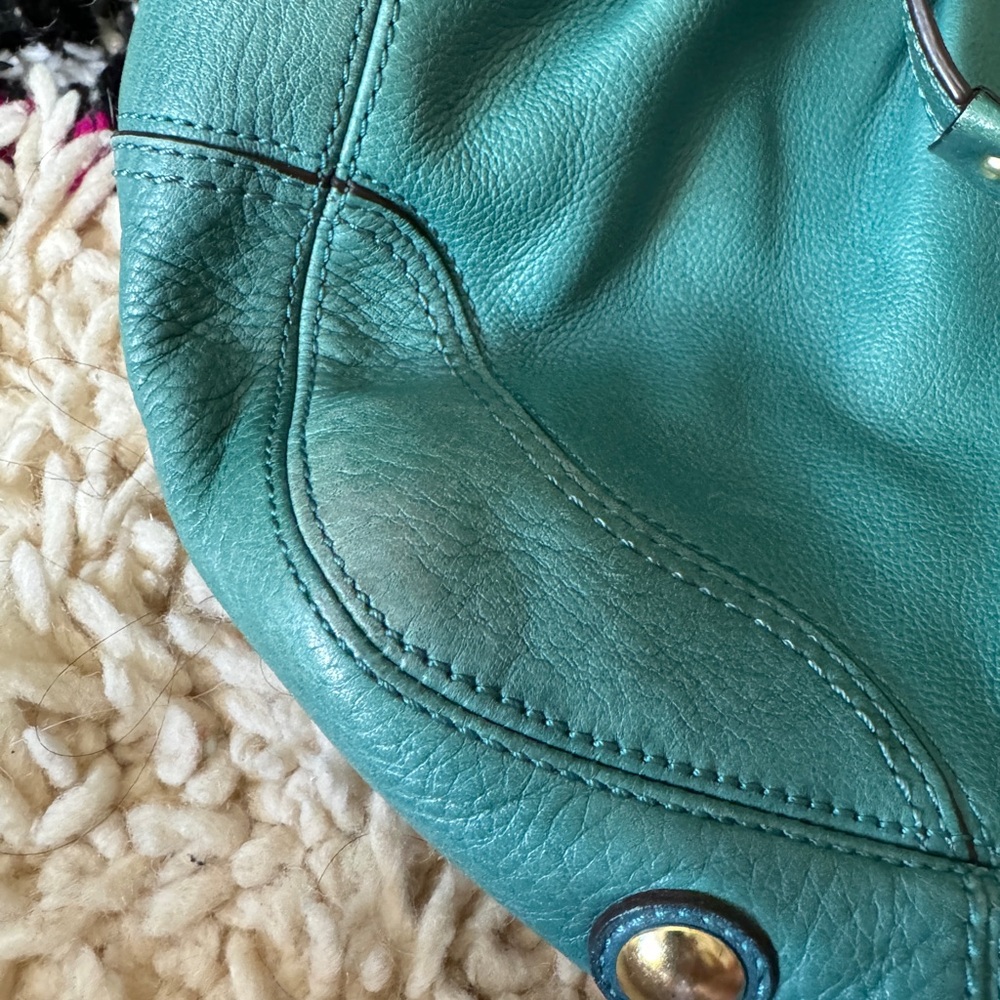 Vintage Coach Teal Pleated Hamptons Leather Shoulder/Carryall Bag - Picture 8 of 9